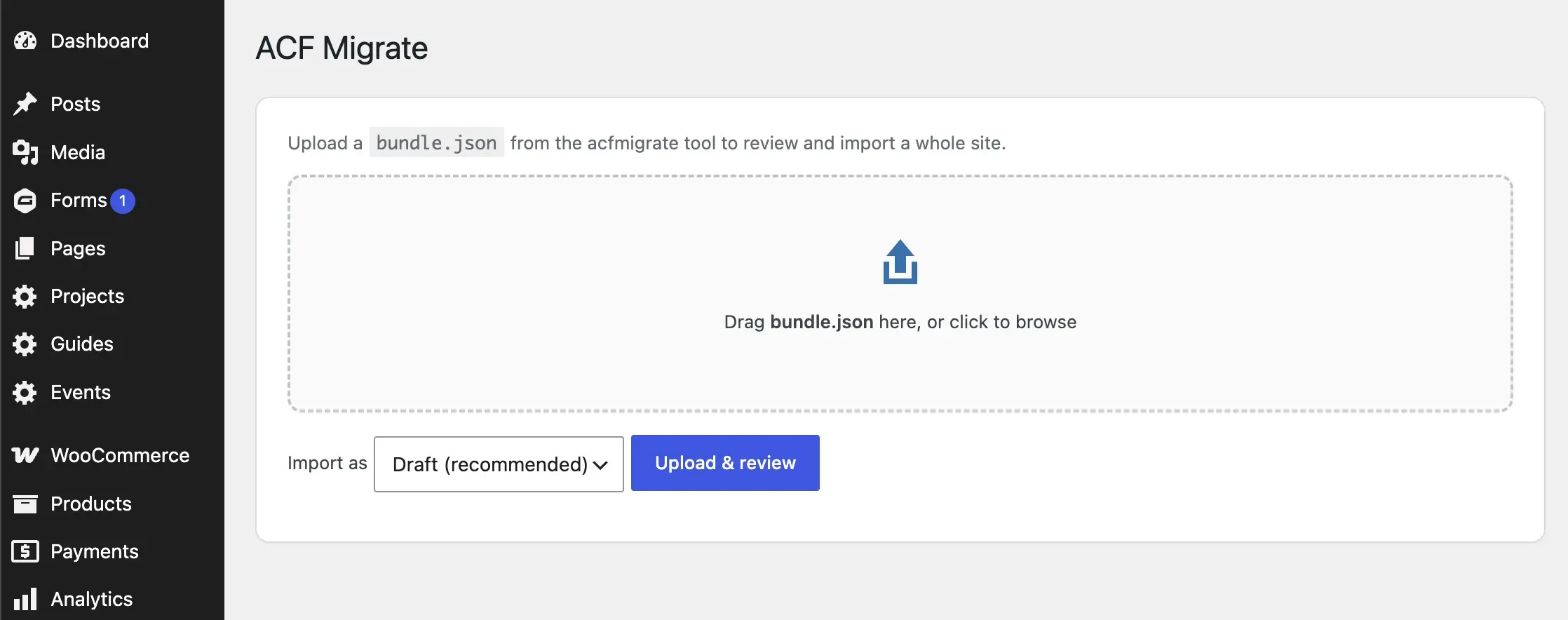 Importing an ACF Migrate bundle into WordPress with the review interface