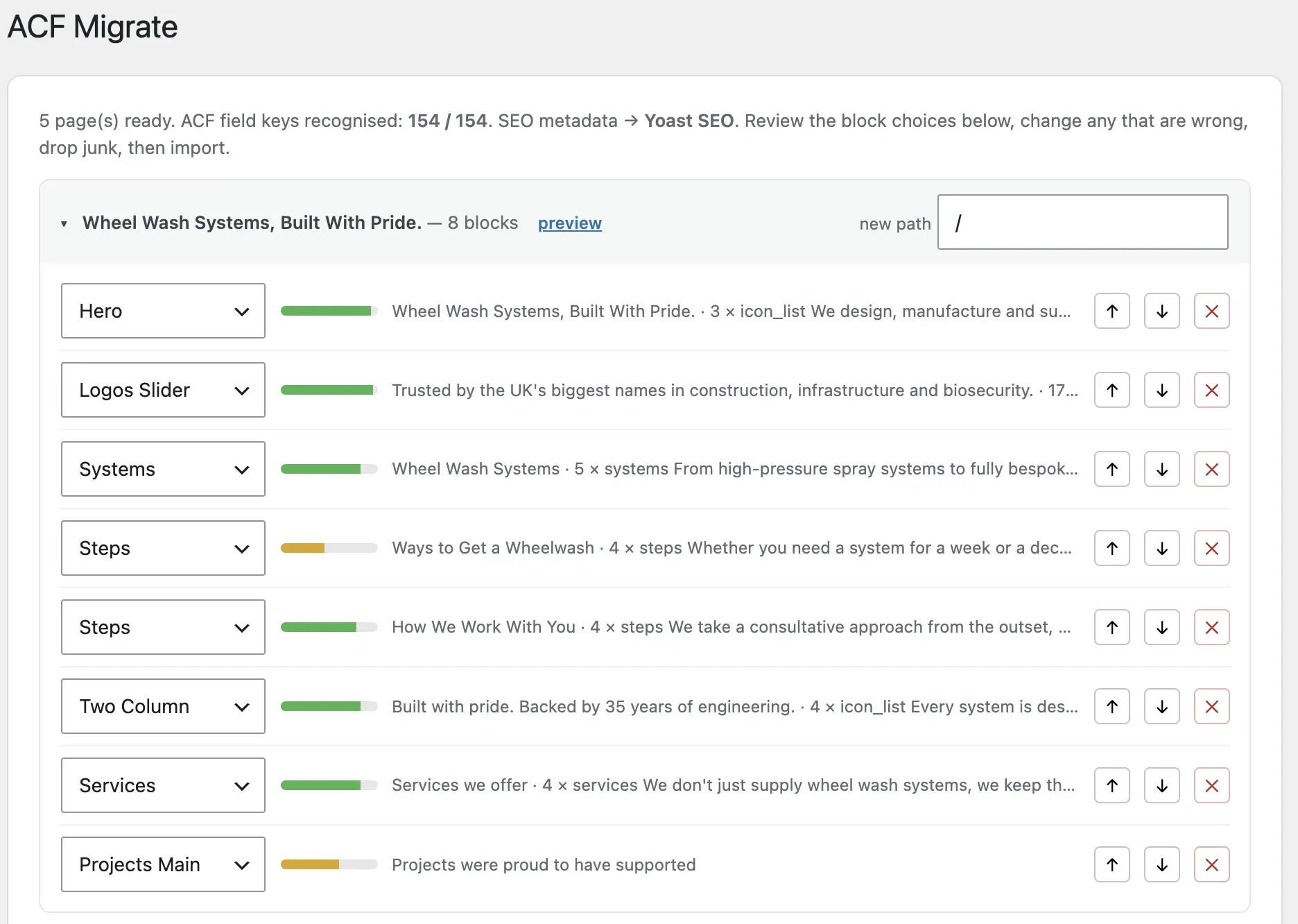 Mapping website sections to the correct ACF blocks